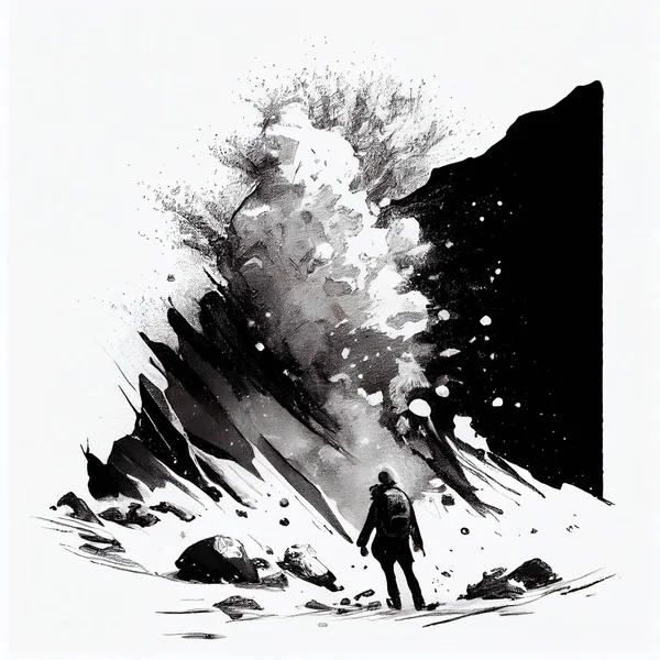 Viajante Olhando Para Avalanche Neve Aproximando Nas Montanhas Ilustração Estoque Imagens Royalty-Free