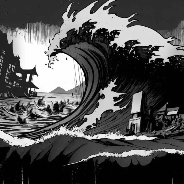 Giant Wave Tsunami Monochrome Illustration Stock Picture