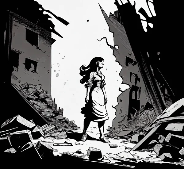 Kobieta Tle Domu Zniszczonego Przez Trzęsienie Ziemi Monochromatyczna Ilustracja Zdjęcie Stockowe