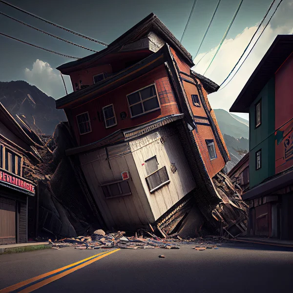 山を背景に地震で破壊された建物やストックイラスト — ストック写真
