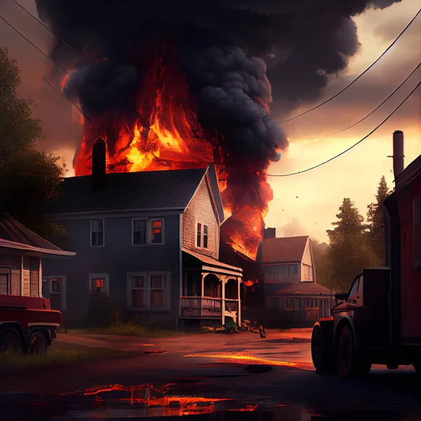 Burning House Small Town Stock Illustration — Stock Photo, Image