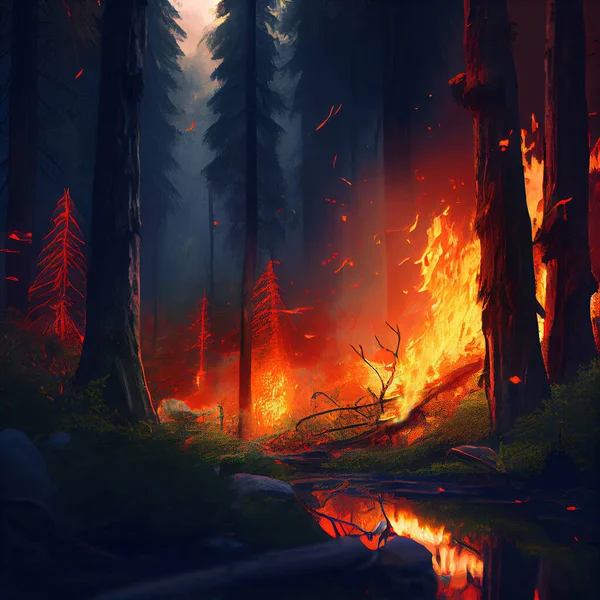 山火事は森の中の地面を燃やし ストックイラスト — ストック写真