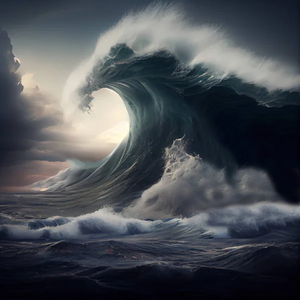 Giant Wave Tsunami Photo Realistic Illustration Stock Image