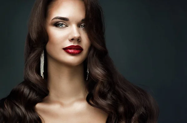 Beauté Femme Rouge Lèvres Maquillage Complet Modèle Mode Visage Maquillage — Photo
