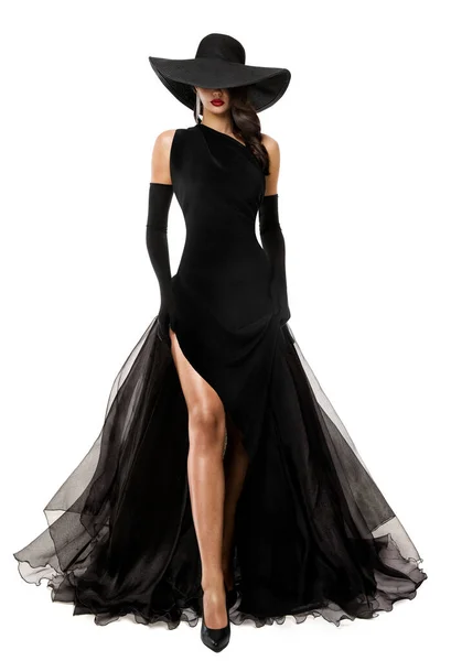Κομψή Κυρία Μακρύ Μαύρο Φόρεμα Και Καπέλο Fashion Woman Βράδυ — Φωτογραφία Αρχείου