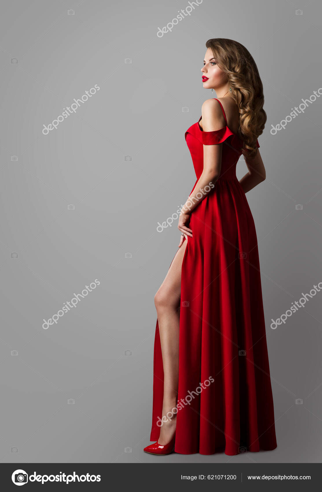 Fashion Model Long Red Dress Elegant Woman Evening Gown Gray Stock ...