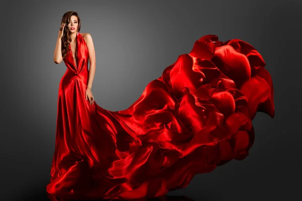 Sexy Fashion Model Κόκκινο Μεταξωτό Φόρεμα Glamour Woman Long Luxury — Φωτογραφία Αρχείου