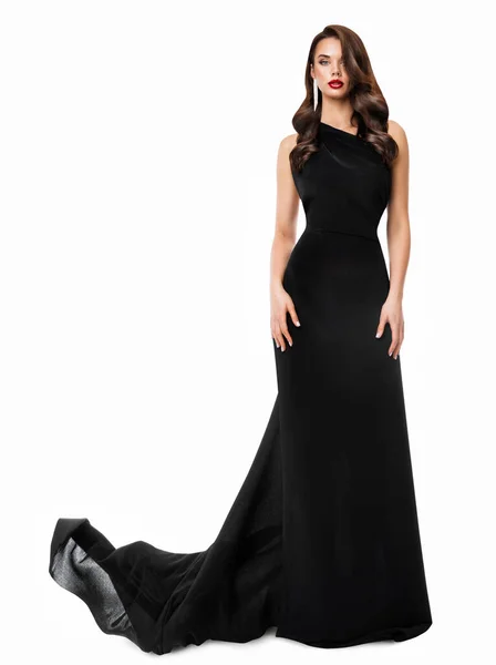 Fashion Woman Black Long Dress Beautiful Model Evening Gown Train — Stock Photo, Image