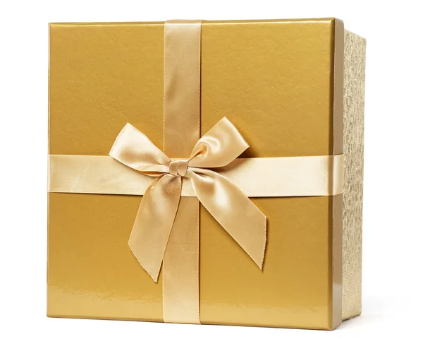Złoty Dar Jedwabnym Łukiem Złoty Prezent Świąteczny Satynową Wstążką Odizolowanym — Zdjęcie stockowe