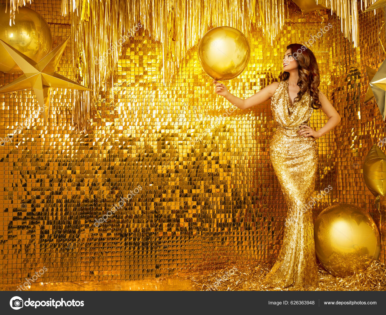 Woman Golden Sequin Party Dress Fashion Model Evening Long Gown Stock Photo  by ©inarik 626363948