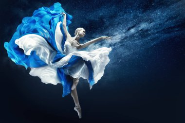 Ballerina dancing in Blue Chiffon Dress over Night Sky Background. Ballet Dancer jumping in fluttering Skirt pointing towards Hand. Fantasy Woman as Antique Goddess clipart