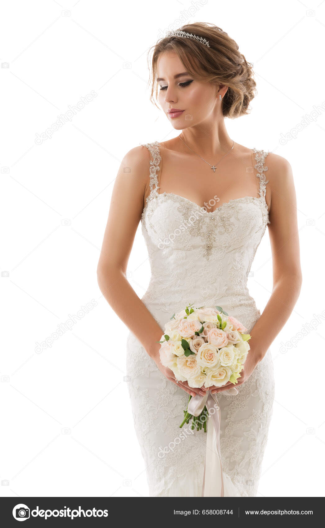 Novia Vestido Novia Blanco Con Ramo Flores Hermosa Mujer Vestido