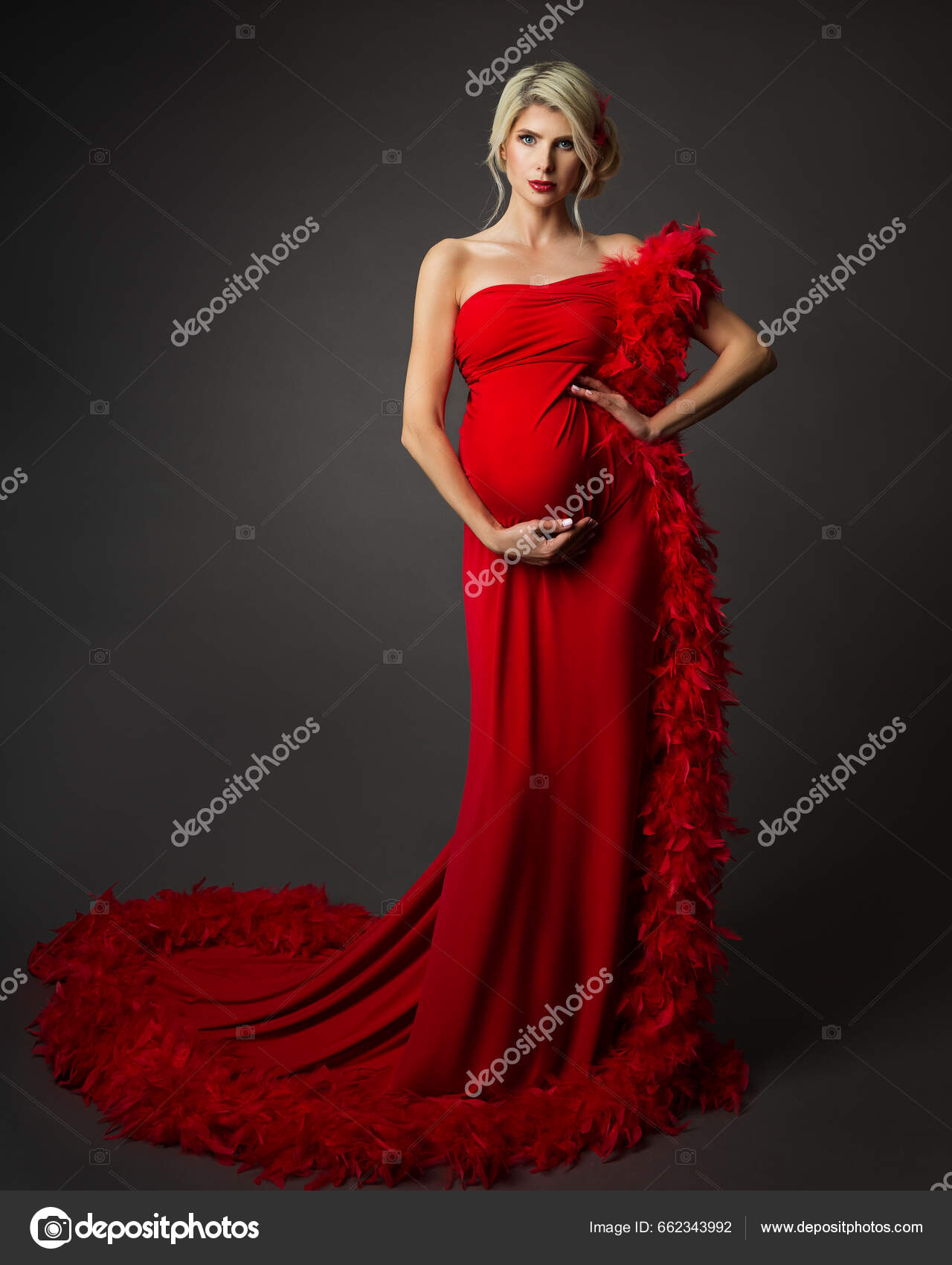 Mujer Embarazada Moda Vestido Rojo Lujo Sobre Negro Elegante Madre
