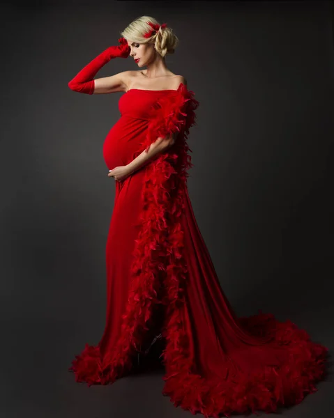 ファッション妊娠中の女性で豪華な赤いドレスで羽 夜のエレガントなお母さんベリーサイドビューを見てガウン 妊娠中のスタイリッシュな服以上黒 — ストック写真