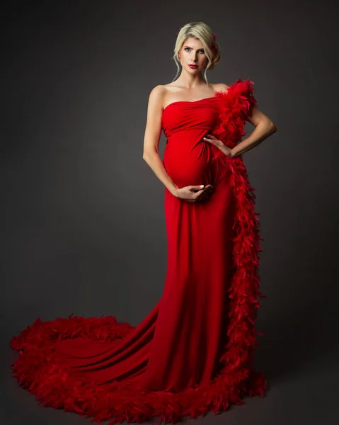穿着华丽红色衣服的时尚怀孕妇女穿黑色衣服 优雅的母亲在傍晚拥抱贝利 与羽毛在一起播种 怀孕时尚服装 — 图库照片