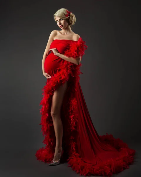 黒の上に豪華な赤いドレスでファッション妊婦 エレガントな母は夕方にベリーを受け入れる羽でガウン 妊娠中のスタイリッシュな服 — ストック写真