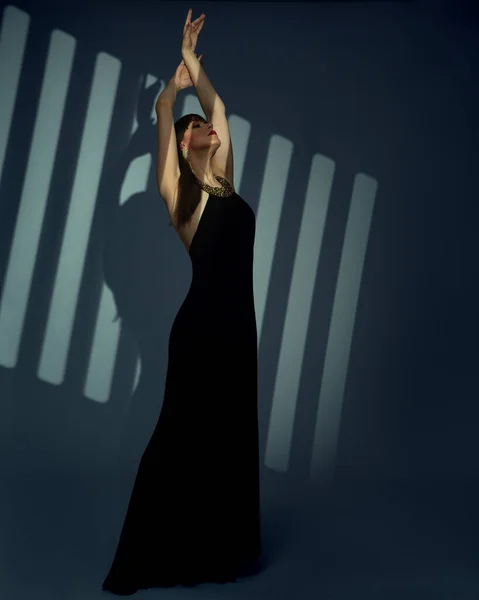 穿黑衣的女人在艺术舞台上表演 优雅的女士在傍晚时分在光芒四射的聚光灯下露面 美丽的舞女神秘轮廓 免版税图库照片