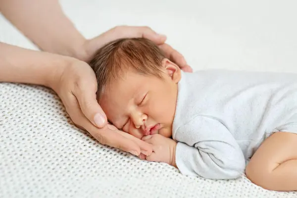 Głowa Dziecka Rękach Matki Mama Kocha Śpiący Noworodek Parent Palms Obrazek Stockowy