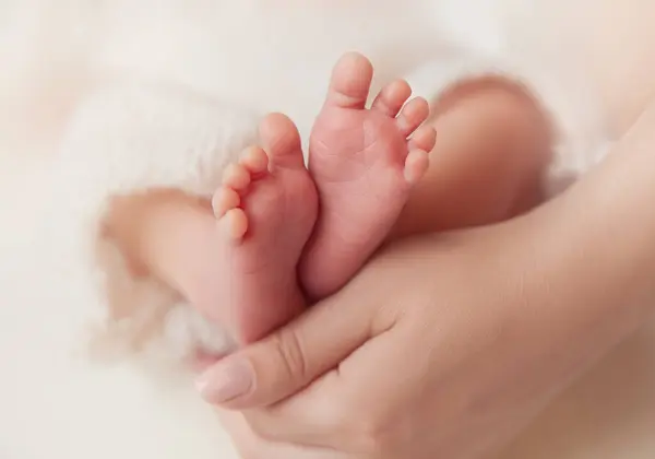 Pés Bebê Nas Mãos Mãe Dedos Dos Pés Recém Nascidos Fotografias De Stock Royalty-Free