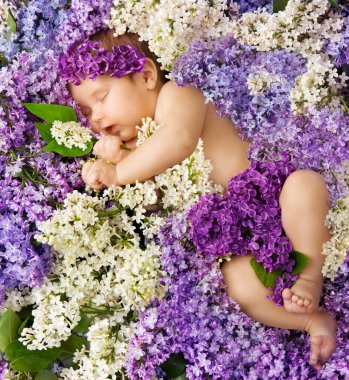 Yeni doğan kız elinde çiçekle yatıyor. Mutlu Bebek Kız Renkli Çiçek Arkaplanı 'nda yatıyor. Tatlı küçük çocuk taze leylak çiçekli battaniyede. Bahar mevsimi çiçeği. Bebek Duşu.