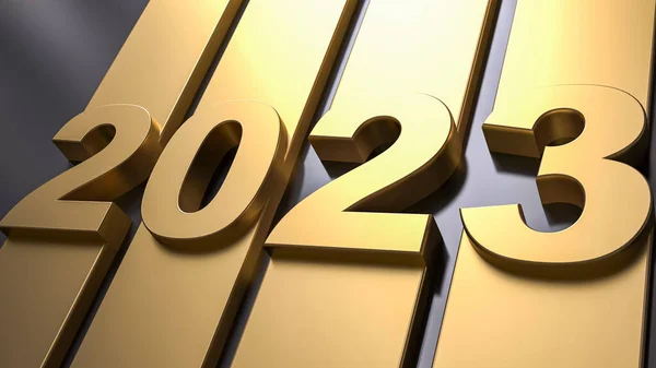 3D rendering of the writing Happy New Year 2023 in a mirror golden surface on a black background