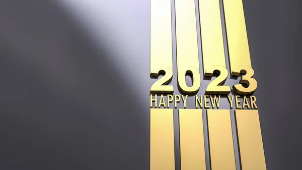 3D rendering of the writing Happy New Year 2023 in a mirror golden surface on a black background