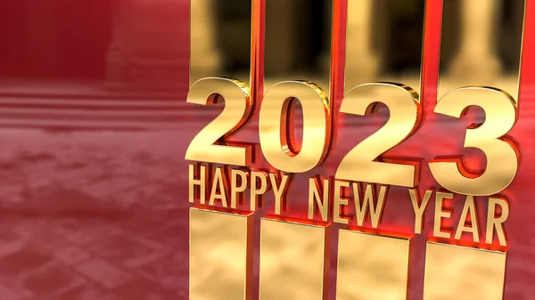 3D rendering of the writing Happy New Year 2023 in a mirror golden surface on a red background