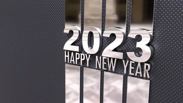 3D rendering of the writing Happy New Year 2023 in a mirror silver surface on a black background