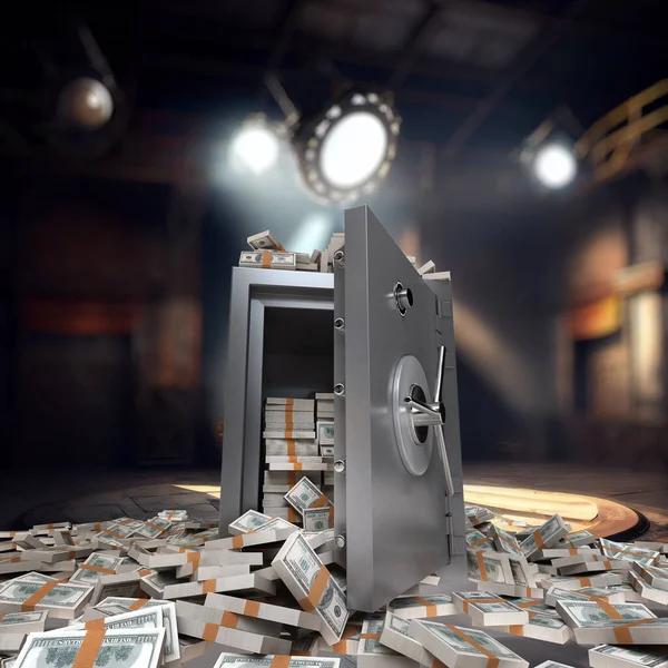 3D rendering of an open safe full of hundred dollar stacks of bills