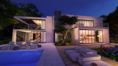 Akşamları bahçeli çağdaş bir kübik ev ve havuz kenarında dinlenme odası olan 3D görüntüleme.