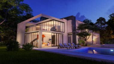 Akşamları bahçeli çağdaş bir kübik ev ve havuz kenarında dinlenme odası olan 3D görüntüleme.