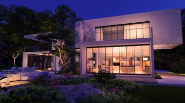 Akşamları bahçeli çağdaş bir kübik ev ve havuz kenarında dinlenme odası olan 3D görüntüleme.