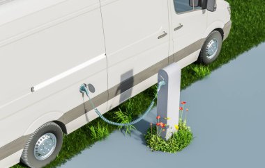 Elektrikli minibüs şarj istasyonunda şarj oluyor.