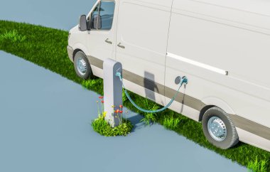 Elektrikli minibüs şarj istasyonunda şarj oluyor.