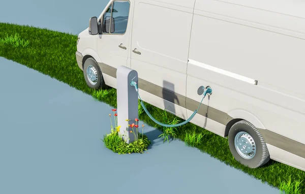 Electric van recharging battery in a charging station