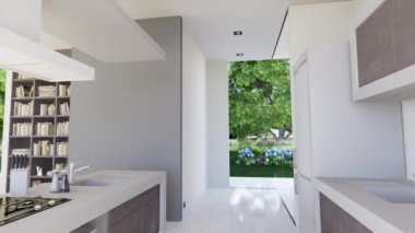 Açık mutfak ve kütüphane ile modern bir iç mekanın 3 boyutlu animasyonu