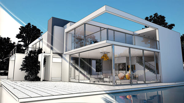 3D rendering of a modern luxurious house with swimming pool