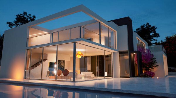 3D рендеринг современного роскошного дома с бассейном
