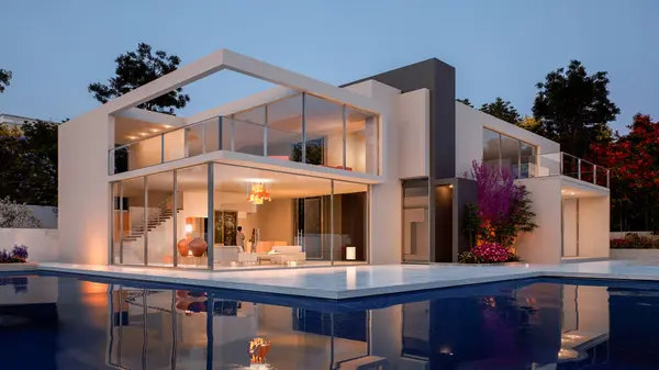 Rendering Eines Modernen Luxuriösen Hauses Mit Schwimmbad Stockbild