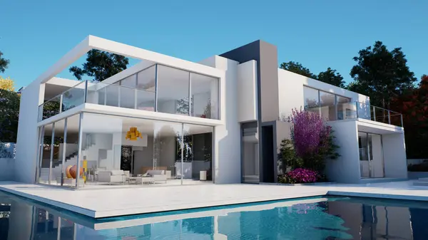 Rendering Eines Modernen Luxuriösen Hauses Mit Schwimmbad lizenzfreie Stockbilder