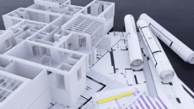 Planların, ipotek başvuru formunun, hesap makinesinin ve diğer ev yapımı kağıt işçilerinin 3 boyutlu animasyonu 