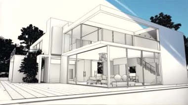 Yüzme havuzlu modern lüks bir evin 3 boyutlu animasyonu
