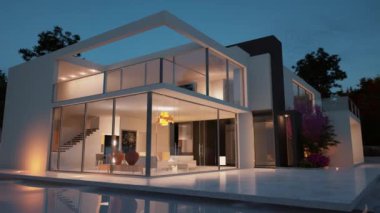 Yüzme havuzlu modern lüks bir evin 3 boyutlu animasyonu
