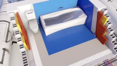 Bir mimari projesinde banyo inşaatının teknik detaylarının 3 boyutlu animasyonu