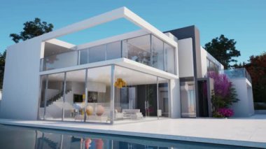 Yüzme havuzlu modern lüks bir evin 3 boyutlu animasyonu
