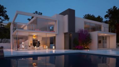 Yüzme havuzlu modern lüks bir evin 3 boyutlu animasyonu
