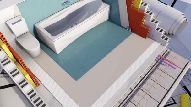 Animacja Szczegółów Technicznych Budowy Łazienki Projekcie Architektonicznym — Wideo stockowe