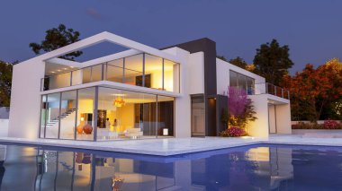 Havuzlu, modern, lüks bir evin 3 boyutlu görüntüsü.
