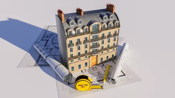 Rendering Eines Klassischen Pariser Wohnhauses Auf Bauplänen Ideal Für Architektur lizenzfreie Stockbilder