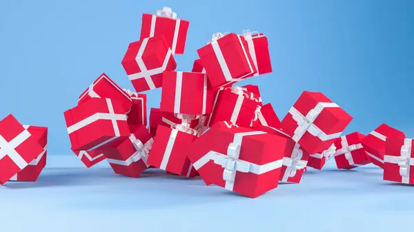 Weergave Van Veel Rode Geschenkdozen Met Witte Strikken Een Lichtblauwe Rechtenvrije Stockfoto's